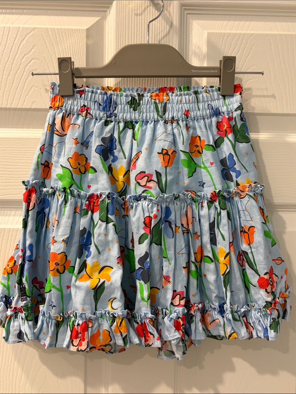 Hill House Paz Skirt in Space Floral Ruffle Mini Skirt - Light Blue XS